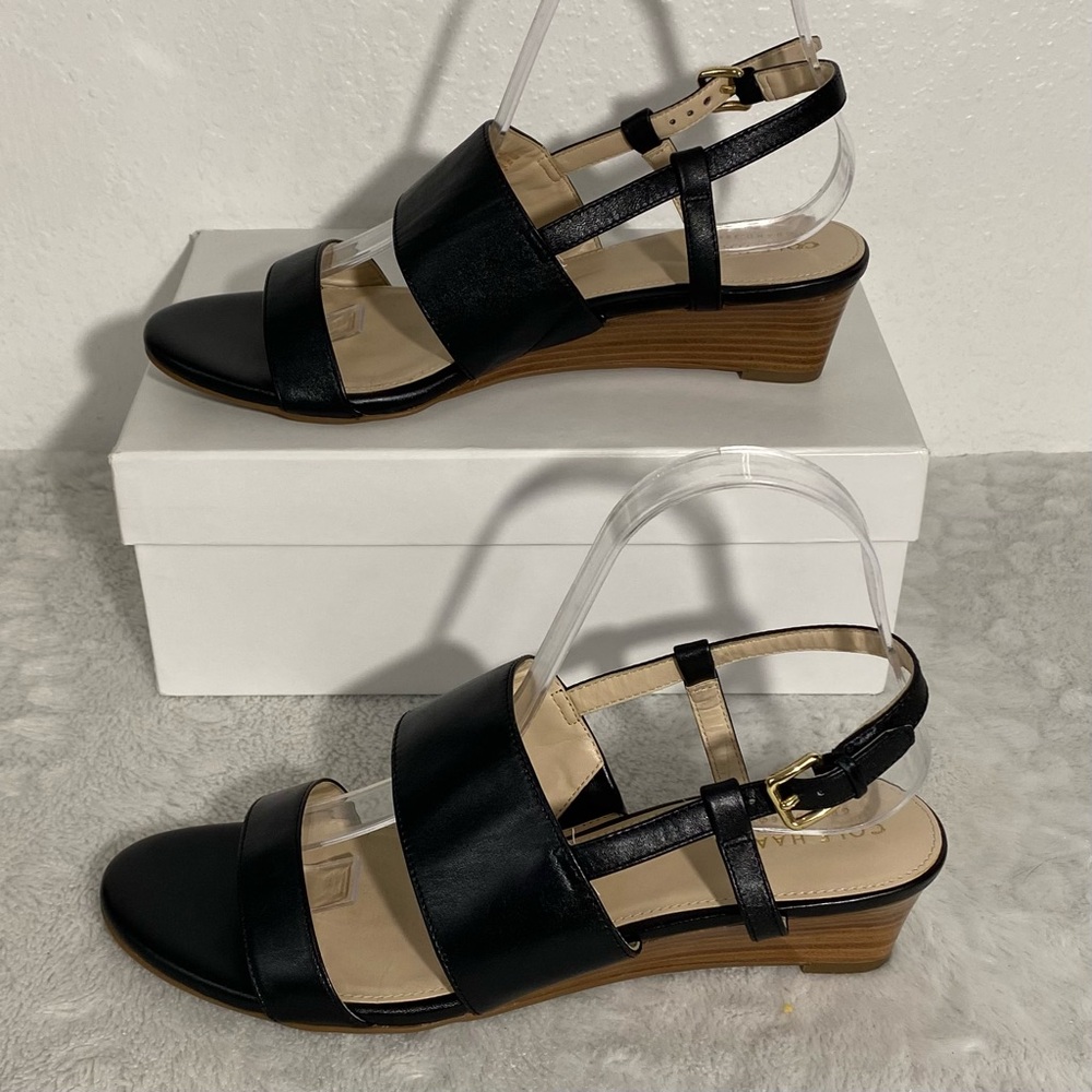 Cole Haan Annabel Grand Black Leather Wedge Sandals Women’s Size 8.5B - Picture 2 of 9
